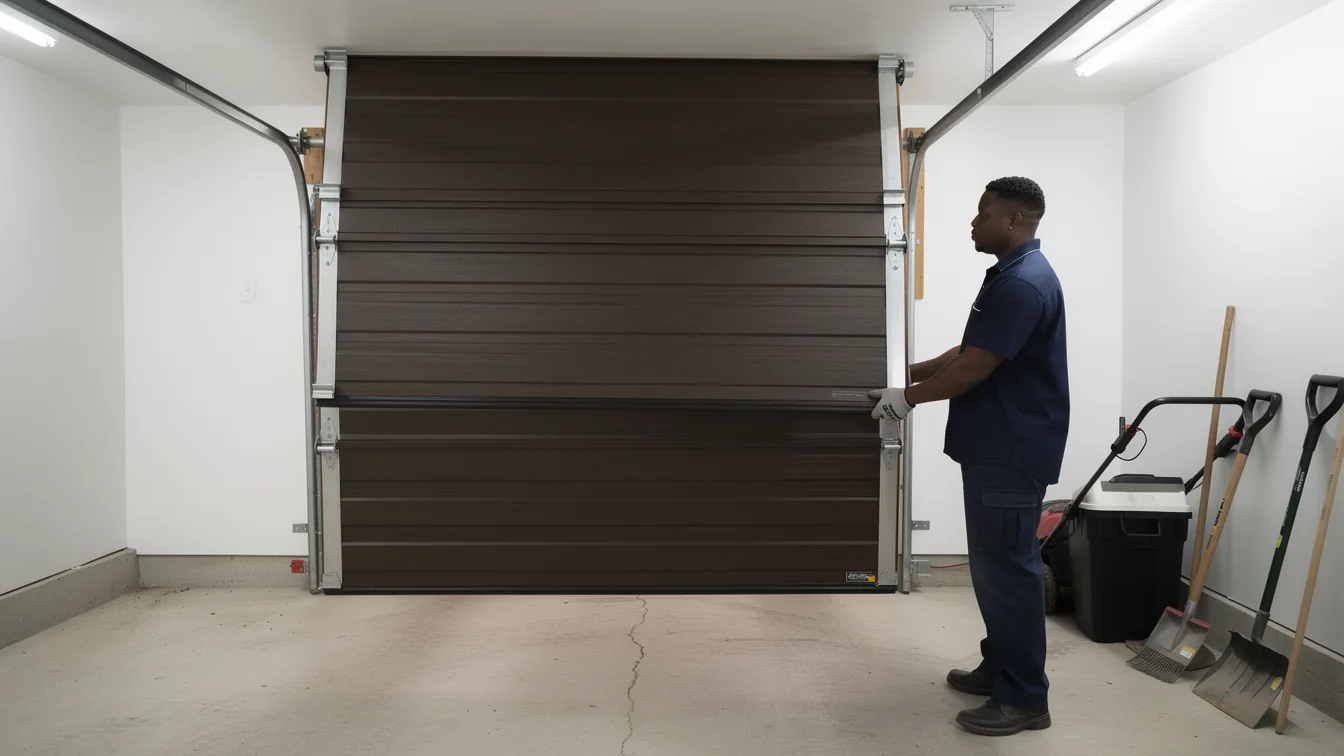 A technician in a blue shirt and gloves adjusts a brown garage door.