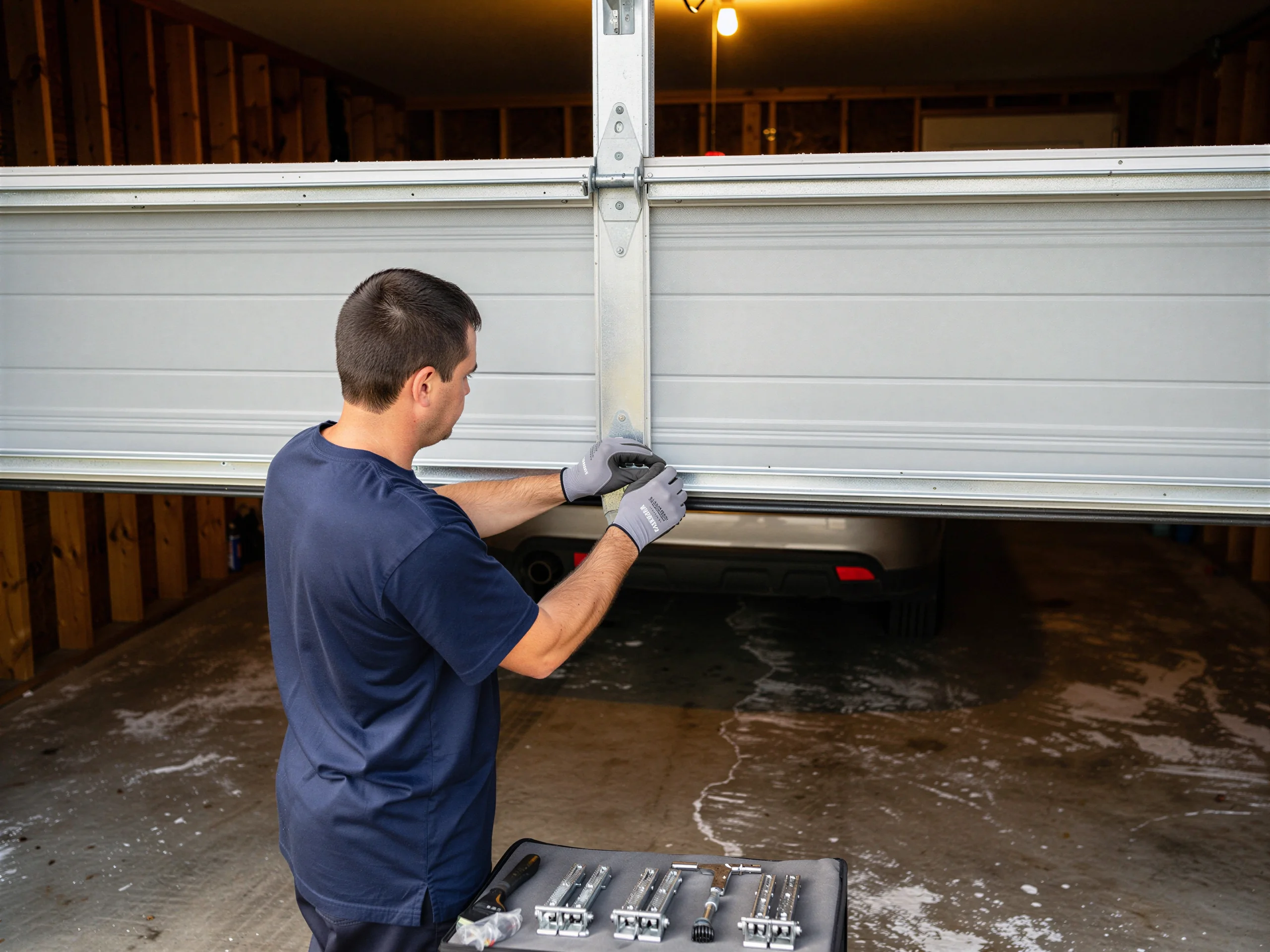 A technician in gloves is working on a white garage door.