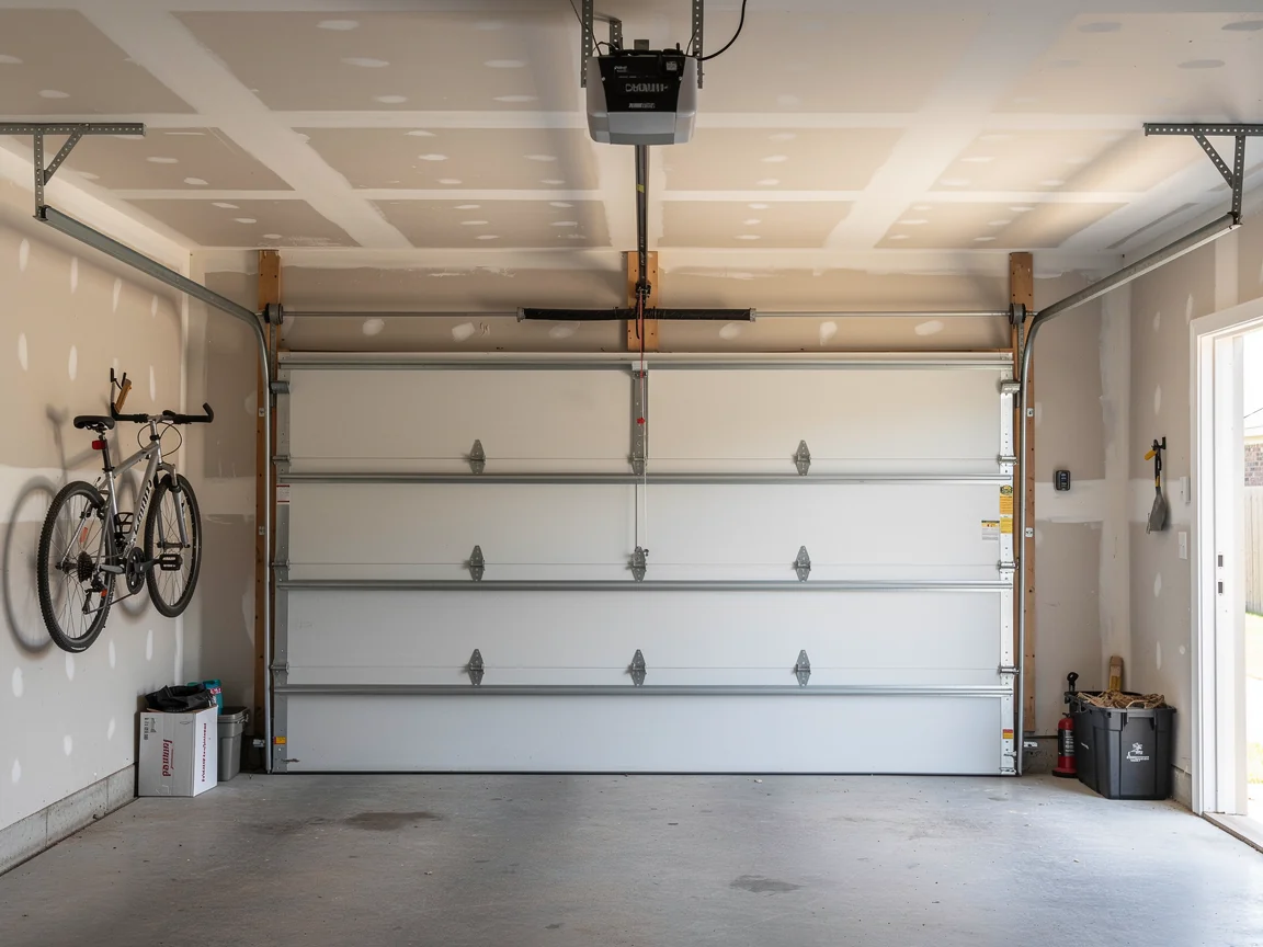 A white garage door is closed in a garage with a bicycle hanging on the wall.